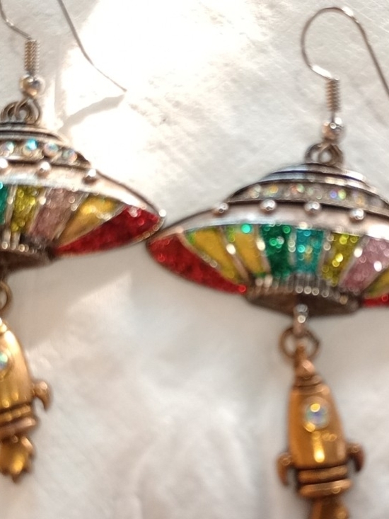 Vintage Jewelry - Vintage Multicolor Glitter UFO and Rocket Drop Earrings MCM Mid-century Modern